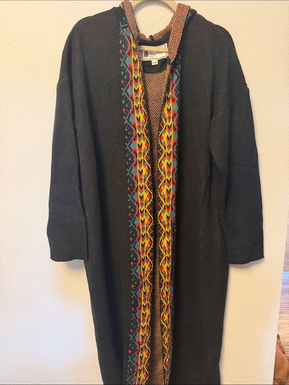 Women’s Black Open-Front Cardigan with Multicolor Embroidered Trim